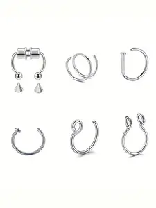 6pcs Women's Stainless Steel Fake Piercing Nose Ring Set, Spiral Nose Ring, Hinged Nose Hoops, Non Piercing Lip Ring, Nasal Septum Clip &, Punk Fashion Body Jewelry Gifts