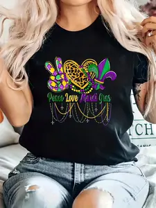 Ladies' Mardi Gras Graphic Tee - Design Featuring Peace, Love & Carnival Beads, Comfortable Short Sleeve Crew Neck Top Ideal for Parades, Festivals & Everyday Use, Parade Attire, Fabric with Medium Stretch