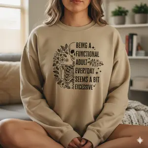 Gildan Women's Oversized Ribbed Long Sleeve Casual Sweatshirt - Sarcastic Skull Floral Hoodie, "Being A Functional Adult Everyday Seems A Bit Excessive" Funny Jumper, Spandex-Cotton Smooth Fabric, Essential Women's Top