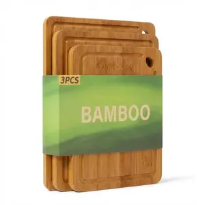 3-Piece Bamboo Cutting Board Set with Holder – Multi-Size Kitchen Chopping Boards, Deep Juice Grooves & Handles, Ideal for Meat, Vegetables, Fruit, Butcher Block (15x10, 12x8, 9x6 Inch)