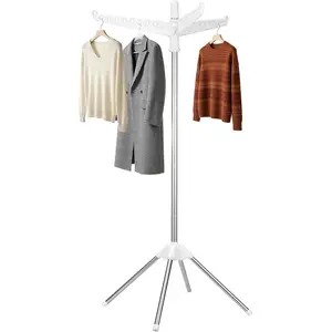 Rotatable and Foldable 59 Inch Clothes Drying Rack, Space-Saving 4-Legged Free Standing Laundry Drying Tree with 27 Hanging Holes for Indoor, Balcony and Laundry Room