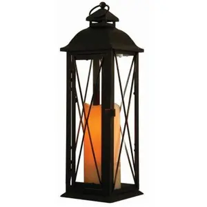 Antique Brown Metal & Glass LED Lantern with Timer Candle, Switch - 16 in, Decorative Window Home Decor Candle Holder