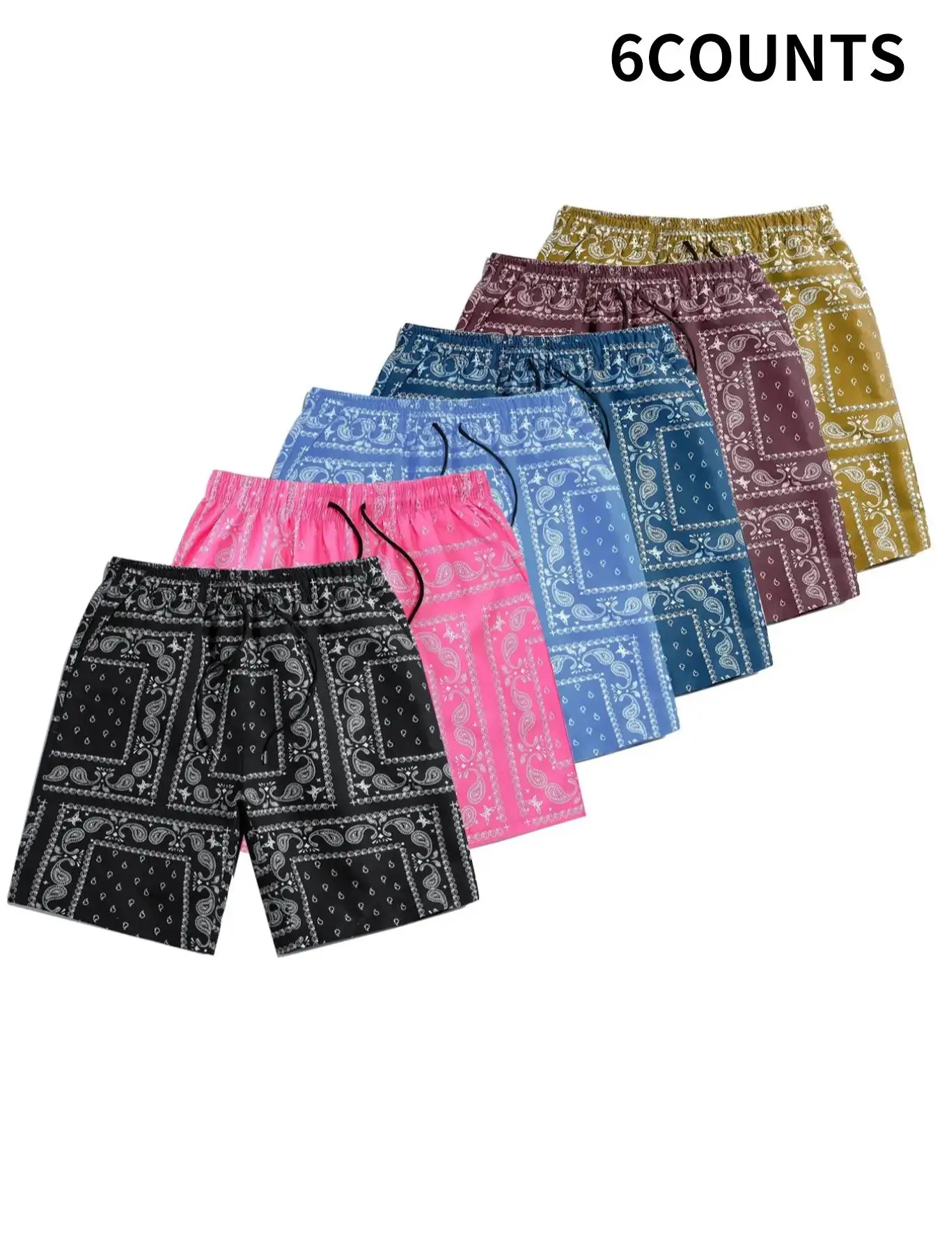 Men's Paisley Print Drawstring Waist Shorts, Casual Pocket Design Straight Leg Stretch Shorts for Summer, Men's Bottoms for Tropical Beach Vacation, Summer Beachwear 2024, Casual Tropical Style, Polyester