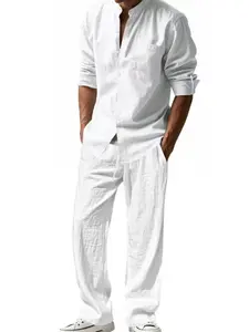 Men's Linen Stand Collar Long Sleeve Shirt Set, Breathable Comfort, Casual Workwear, All Seasons, Fitted Style, Trendy Men's Clothing, Menswear