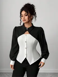 Plus Size Women's Patchwork Long Sleeve Shirt, Casual Fashion Top for Spring & Fall, Comfortable Fit for Daily Wear