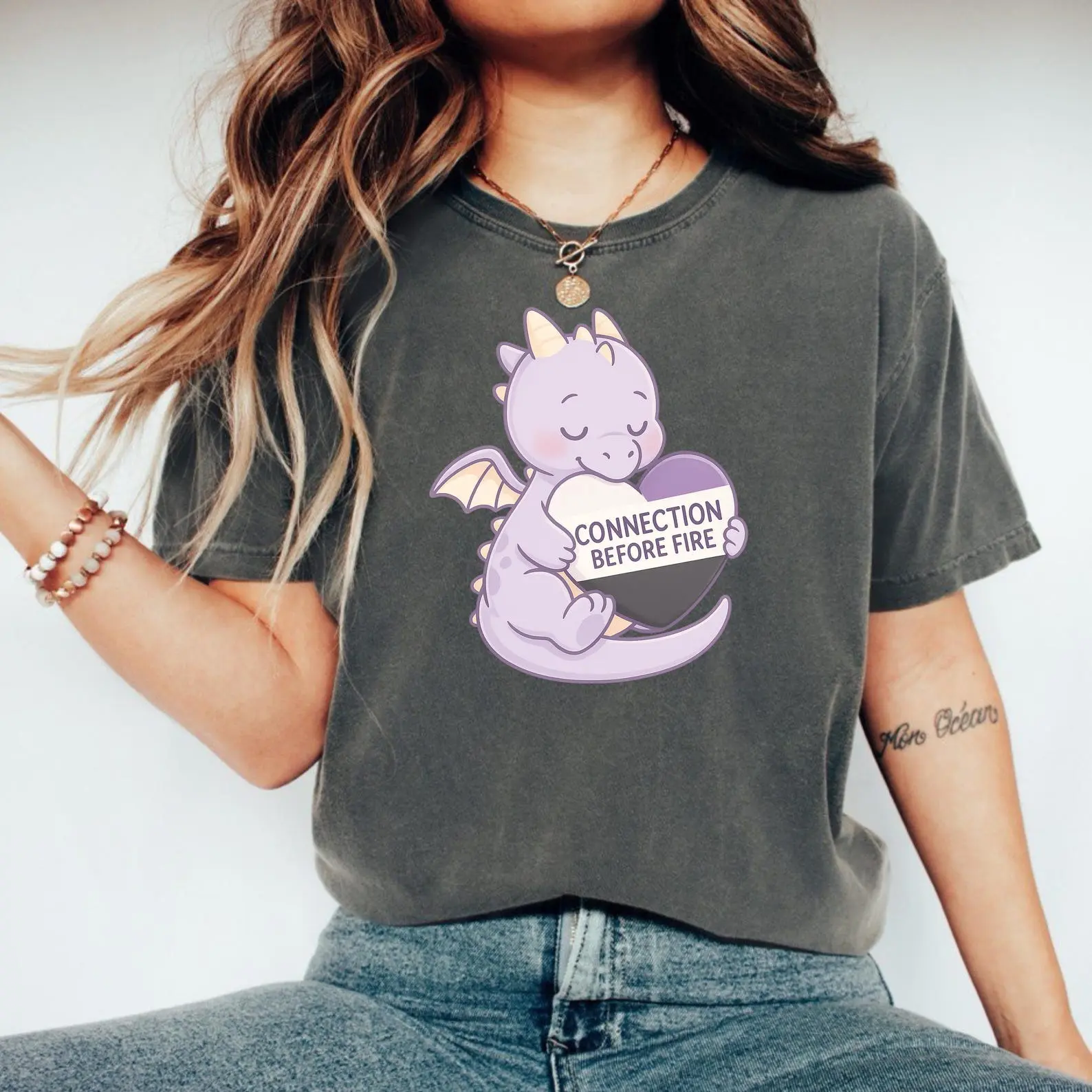 Demisexual Pride Dragon Shirt – “Connection Before Fire” LGBTQ+ Graphic Tee, Cute Fantasy Asexual Demisexual Flag Gift, Queer Mental Health Support Top