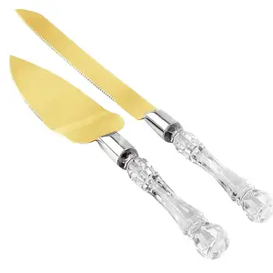 LUSHIG Cake Knife and Server Set, Cake Cutter and Pie Spatula, Gold Blade and Faux Crystal Handle Wedding Cake Cutting Set, Stainless Steel Gold Knife Set for Party, Birthday, and Anniversary