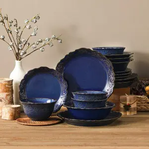 16 Piece Ceramic Dinnerware Sets, Kitchen Dinnerware, Blue Dinnerware With Bas-Relief Around The Edge, For 4 People, Dinner Plate, Dessert Plate, Bowl And Soup Plate