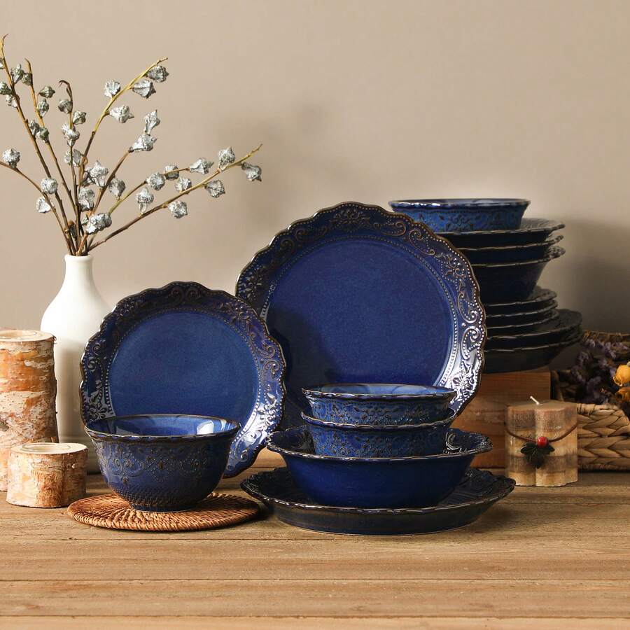 16 Piece Ceramic Dinnerware Sets, Kitchen Dinnerware, Blue Dinnerware With Bas-Relief Around The Edge, For 4 People, Dinner Plate, Dessert Plate, Bowl And Soup Plate