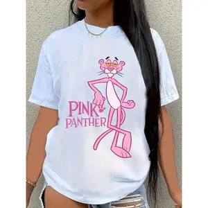 Women'S "The Pink Panther" Graphic T-Shirt, Ideal For Valentine'S Day& Mother'S Day Gifts technoblade merch Casual Round Neck Cotton Fabric