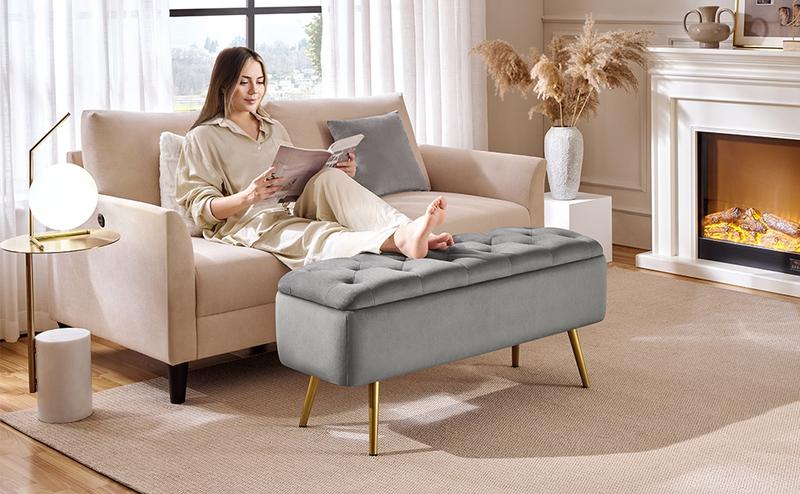 Yaheetech Modern Ottoman Footstool Bench with Storage Compartment, Upholstered Bedroom Benches Footrest Stool, Button-Tufted Table Bench