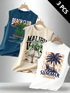 Men's Palm Tree & California Beach Graphic 3-Pack Sleeveless Tank Top – Summer Vibes & Tropical Streetwear, Casual Vacation Top (Multiple Colors)