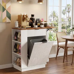 Oakault Tilt Out Trash Can Cabinet with Drawer and Drop Leaf, Hidden Trash Cabinet, Wood Kitchen Ialand with Storage Shelves for Kitchen, Living Room, Bathroom (White)