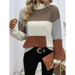 Women's Basic Minimalist Colorblock Drop Shoulder Mock Neck Sweater, Lady Casual Comfort Lightweight Textured Jumper for Daily Wear, Longsleeves Knitwear, Going Out Outfits, Sweaters for Women, Fall Clothing Women