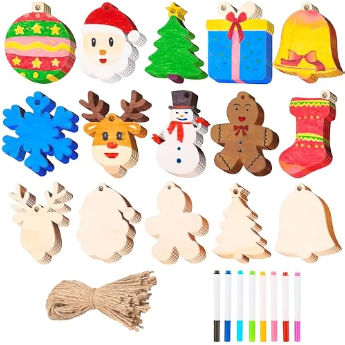 JOYIN 100 Pcs Christmas Wooden Ornaments Crafts to Paint, Unfinished Wood Painting Kits with 8 Watercolor Pens for Kids, Make Your Own DIY Hanging Ornament for Xmas Tree Decor Party Supplies (Age 8+)