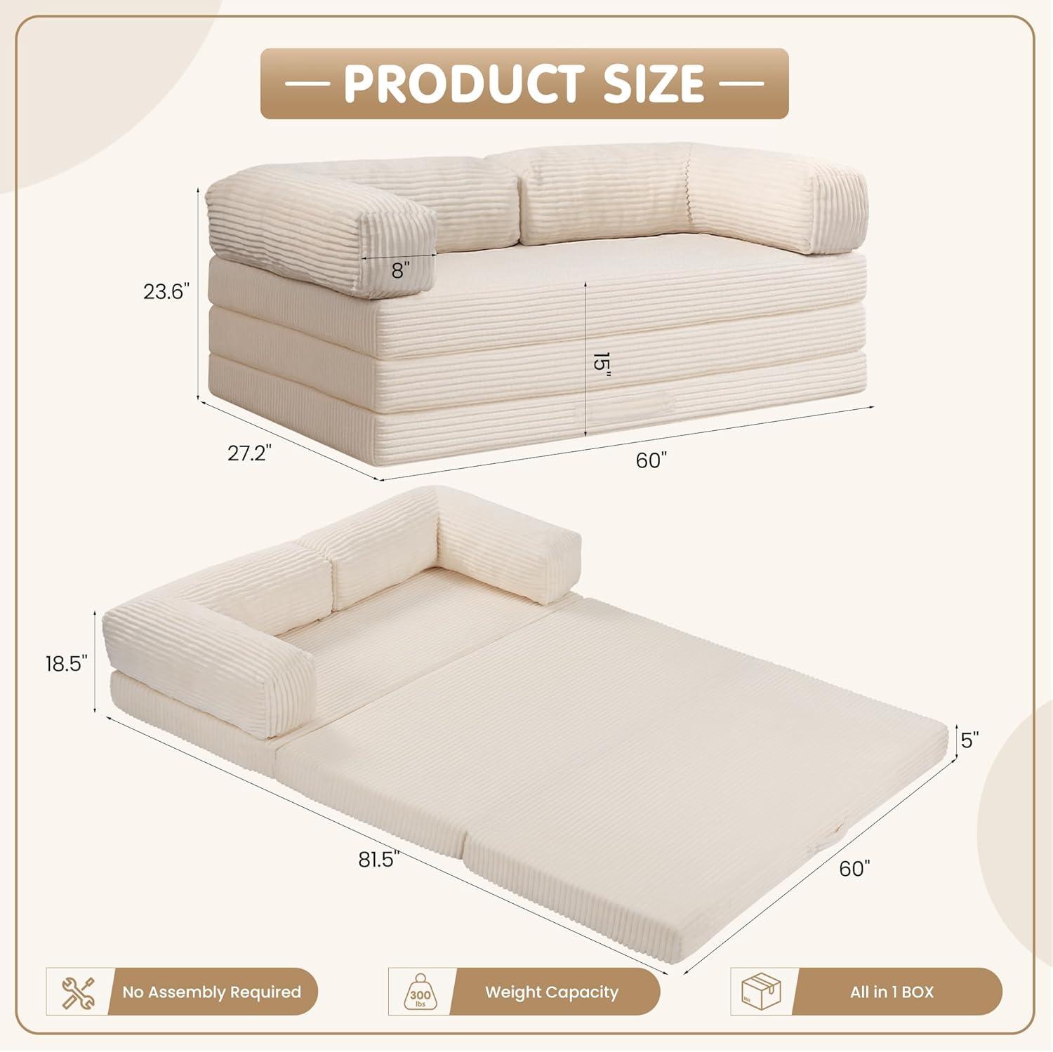 Winzoo 5-in-1 Convertible Sofa Bed,Boneless Couch Tri Folding Floor Mattress with Removable L-Shaped Armrests & Handle,Corduroy Futon Couch Sleeper with Pull Out Bed for Living Room Bedroom Apartment