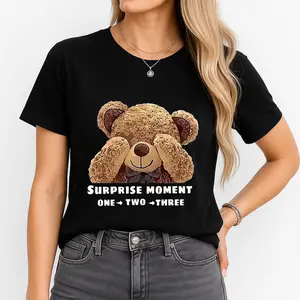 Cute Bear Applique Women's Casual Crew Neck T-Shirt SURPRISE M0MENT T-Shirt - White, Ultra Comfortable, Minimalist Style, Made in US, Breathable Fit
