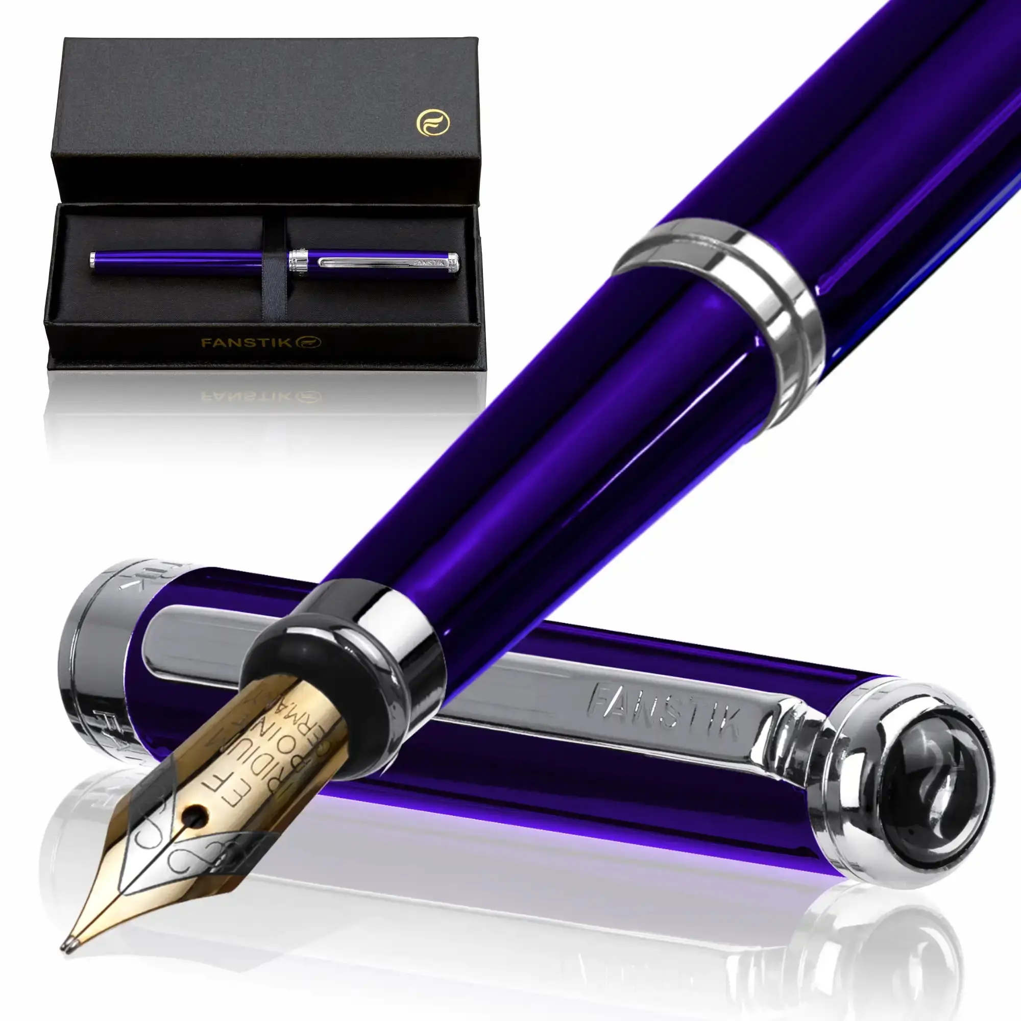 Fanstik Excelltus Fountain Pen — Chrome Finish, Blue, Extra-Fine Nib, Luxury Gift Box (Lux fountain Blue)
