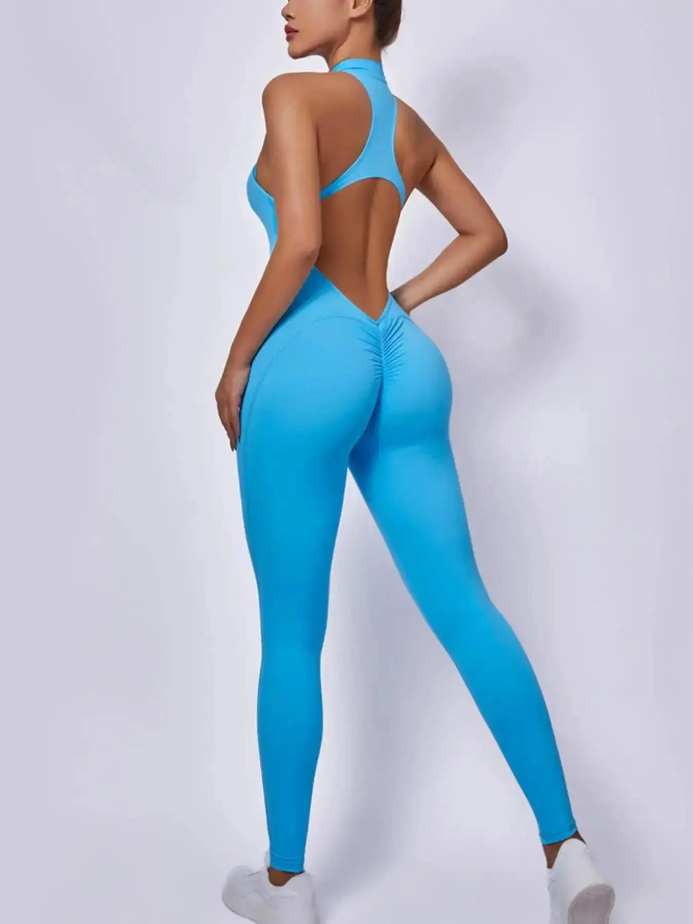 Women's Solid Color Ruched Zip Up Mock Neck Sports Jumpsuit, High Stretch Comfortable Breathable Backless Sleeveless Butt Lifting Jumpsuit for Yoga Gym Workout, Workout Jumpsuits Midi Dress Bottoms Basic Tee Joggers