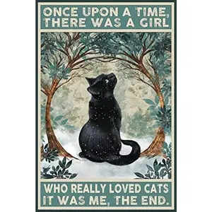 "Once Upon a Time There Was a Girl Who Loved Cats" Black Cat Metal Sign, 8x12 Inch Vintage Cat Lover Wall Decor, Cute Whimsical Forest Art Plaque