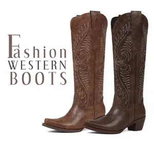 Womens Cowboy Boots Embroidery Knee High Boot Pointed Toe Chunky Block Heel Comfy Wide Calf Long Tall Easy Pull on Gifts Party Dressy Work Casual Wear Festival Country Wedding Fashion Spring Summer Western Retro Classic Cowgirl Shoes