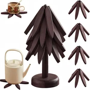 Natural Tree Trivet Set - 4 Wooden Trivets & 1 Stand - Heat-Resistant Foldable Design - Durable & High-Quality Solid Wood - Ideal for Hot Dishes, Pots, Bowls, Teapots - Kitchenware & Tableware Coasters-Z4