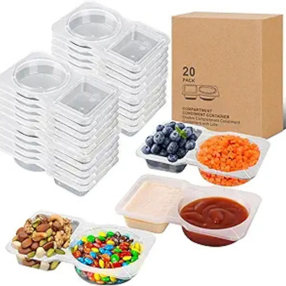 20 sets Reusable Snack Containers 2 Compartment Condiment Container With Lids for Refrigeration Sauce,Salad Dressing,Portion Control,Outdoor Takeaway,Travel