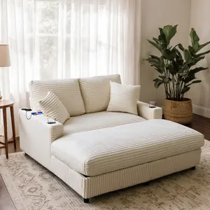 60"x58" Oversized Corduroy Convertible Chaise Lounge Furniture - Indoor Reading Chair with 2 Pillows, USB Charger, Cup Holder, Lazy Sleeper Sofa Bed for Apartments