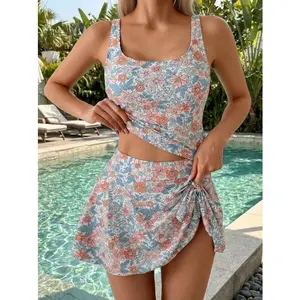 Tankini Swimsuit for Women Tummy Control Two Piece Bathing Suit High Waisted Tank Top with Swim Skirt Swimdress
