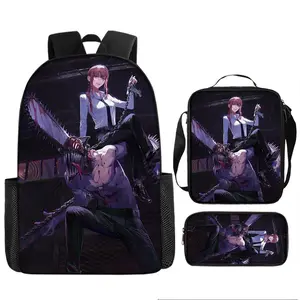 Animation Peripheral Chainsaw Person Schoolbag Is Simple, Lightweight and Large-capacity Animation Two-dimensional Backpack Satchel Pencil Bag Three-piece Set