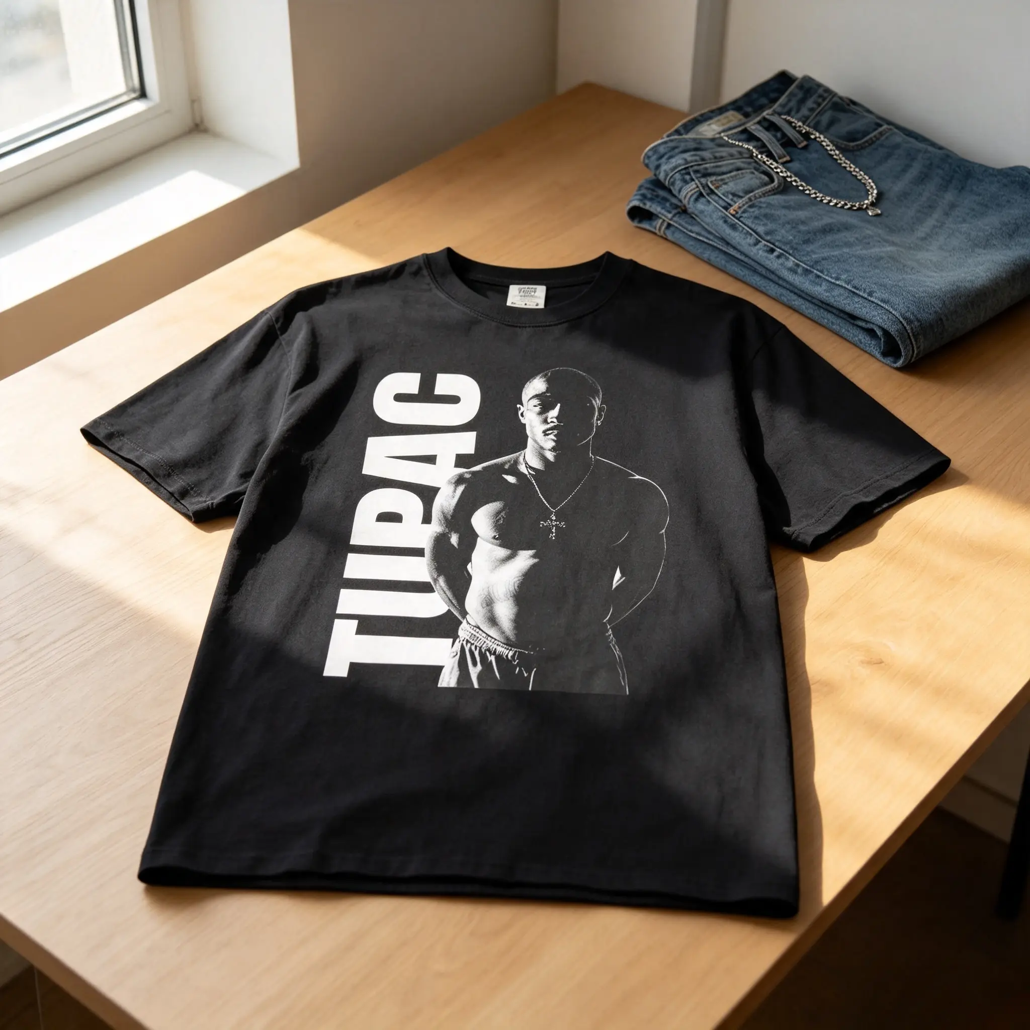 TUPAC Black White T-Shirt with Bold Typography and Iconic Image Design for Men's Fashion,bundle