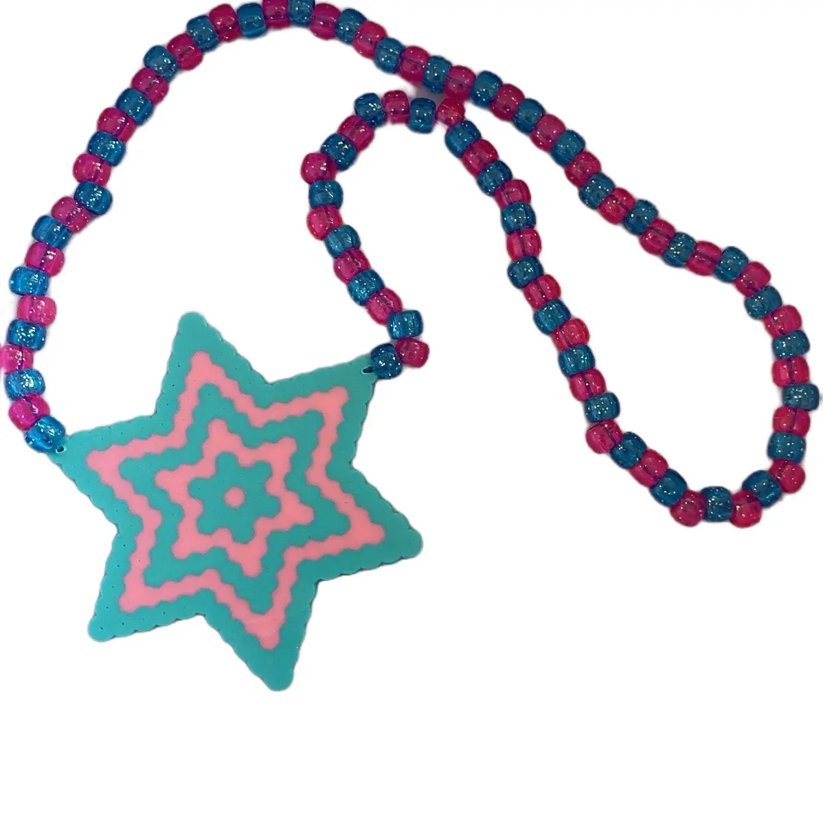 Pink and Blue Trippy Star Rave Kandi Necklace with Pink and Blue Beads and Star Pendant