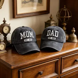 New Parents Commemorative Baseball Cap Set, Mom Dad EST 2025 Embroidered peaked Cap, Retro Washed Couple Hats