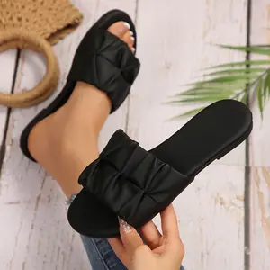 Slide Sandals for Women Fashion Chic Square Toe Pleated Summer Casual Slippers Slip on