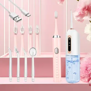 Sonic Electric Toothbrush for Adults+water flosser CY8. Set of two items， USB Rechargeable Sonic Toothbrush with 4 Brush Heads, 4 nozzles Smart Timer, 3 Modes, Pink+white 2-in-1 combination