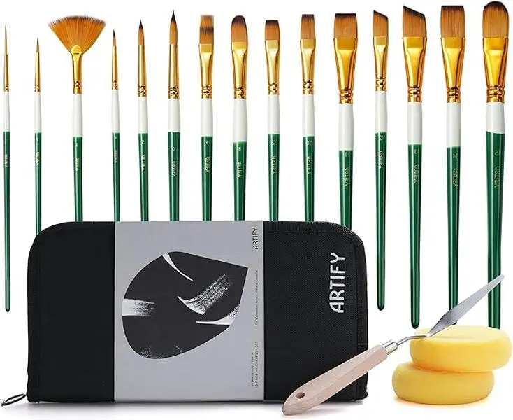 Back to School Essential - ARTIFY 15-Piece & 18-Piece Acrylic Paint Brush Sets, Professional Art Supplies for Intermediate Artists, Green Handles