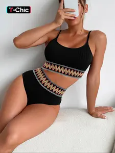 Two-Piece Set Women's Sexy Textured Contrast Chevron Tape Swimsuit Set, Summer Clothes Women, Ribbed Bikini Top & High Waisted Swimwear, Summer Outfits 2024, Women's Swimsuit for Beach Vacation Holiday