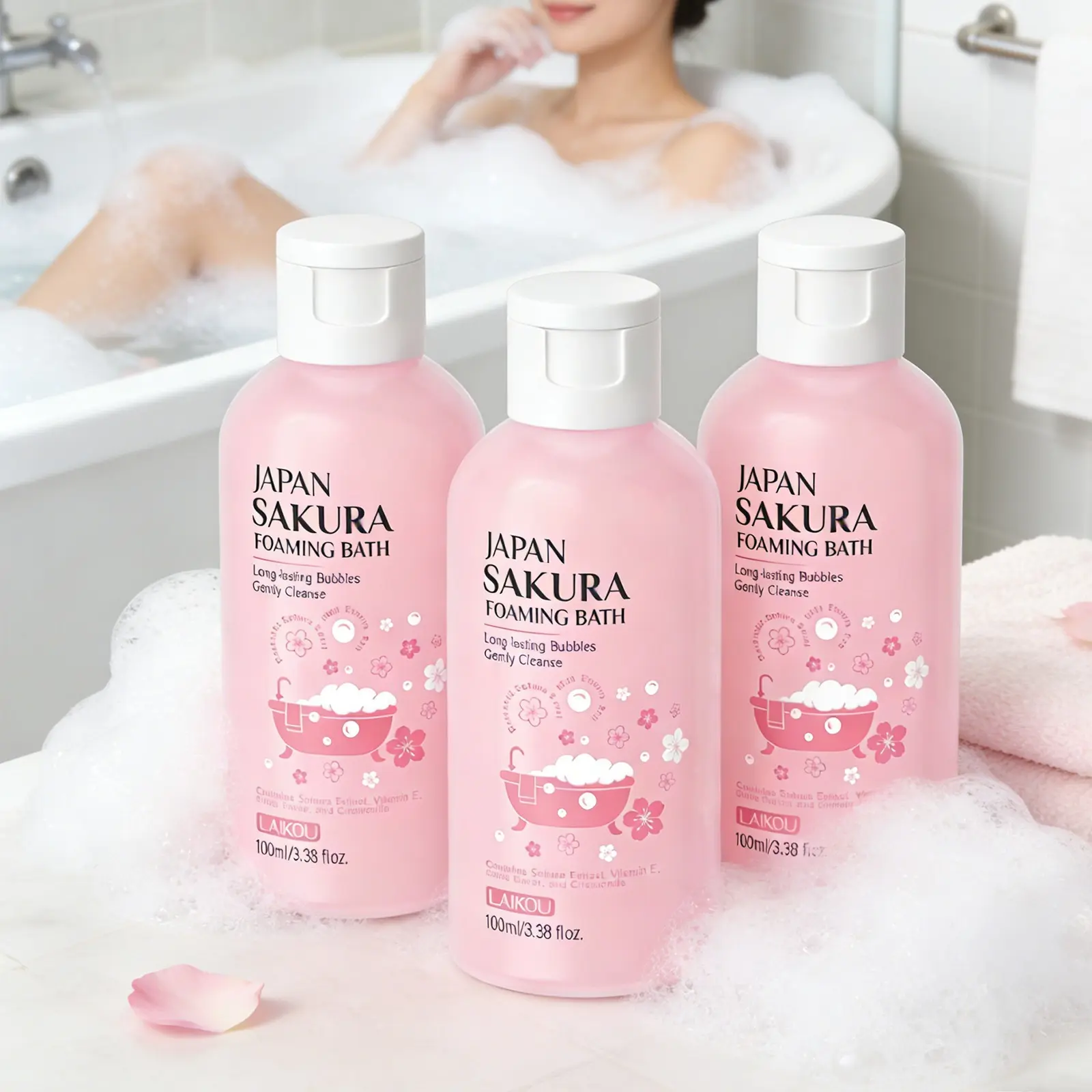 Laikou Sakura Foaming Bath 100ML, 3pcs/Set, Relaxing Aromatherapy Bath Essence for Spa Experience, Long-lasting Bubbles & Gently Cleanse, Body Care Cleanser, Bath Essentials, Body Hygiene Products