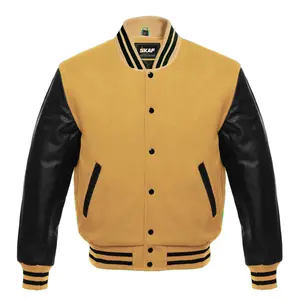 Letterman Varsity Jacket Wool & Real Leather Khaki/Black Collar Cotton