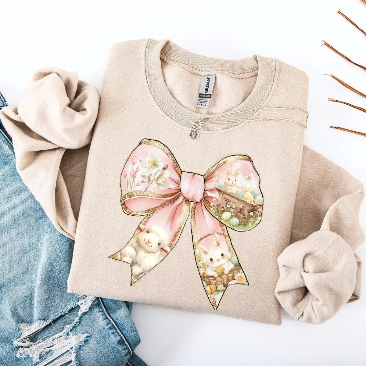 Adorable Bow & Ribbon Easter Sweatshirt – Bunny, Jesus, Rabbit Holiday Crewneck for Women
