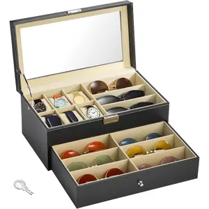 Leather Watch Box and Sunglass Case Organizer, 6 Slot Watch Box  Case and 9 Grid Eyeglasses Storage, 2-Tier Watch Sunglasses Display Drawer Holder Transparent Lid with Lock