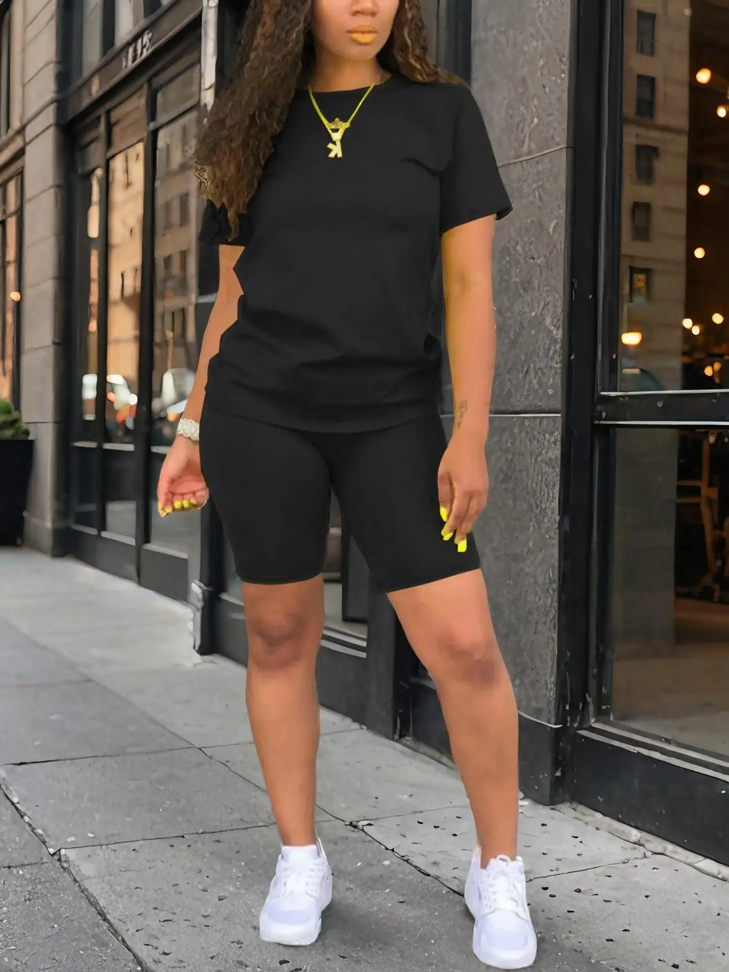 Two-piece Set Women's Solid Round Neck Tee & High Waist Shorts Set, Casual Basic Short Sleeve T-shirt & Skinny Shorts, Summer Clothes for Women, Femin