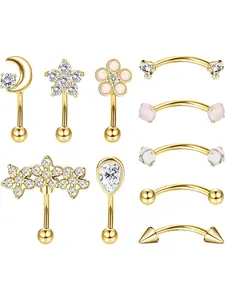 10PCS Rook Piercing Jewellery Gold Silver Eyebrow Piercing Surgical Steel 16G 8mm Vertical Labret Lip Bar Daith Rook Earrings Curved Barbell Piercing Jewellery Nose Piercing Jewelry