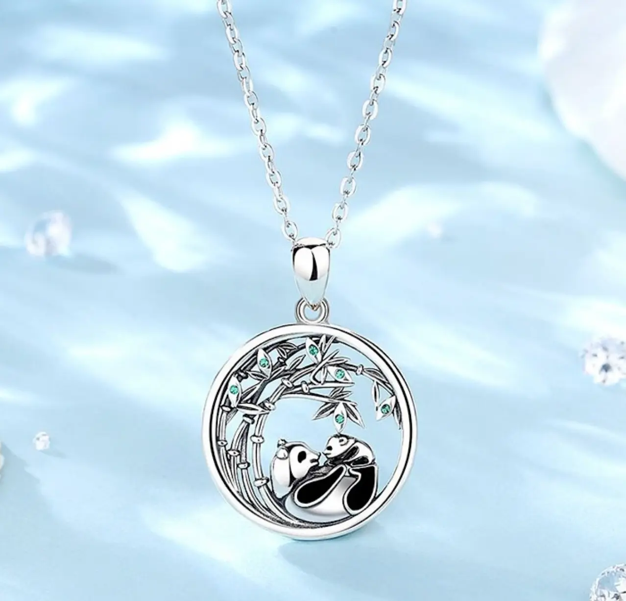Elegant 925 Sterling Silver Zircon Bamboo Mother & Cub Panda Pendant Necklace