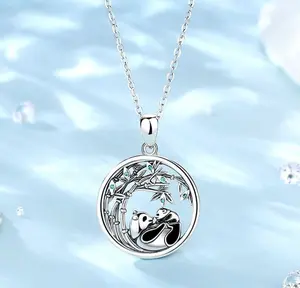 Elegant 925 Sterling Silver Zircon Bamboo Mother & Cub Panda Pendant Necklace