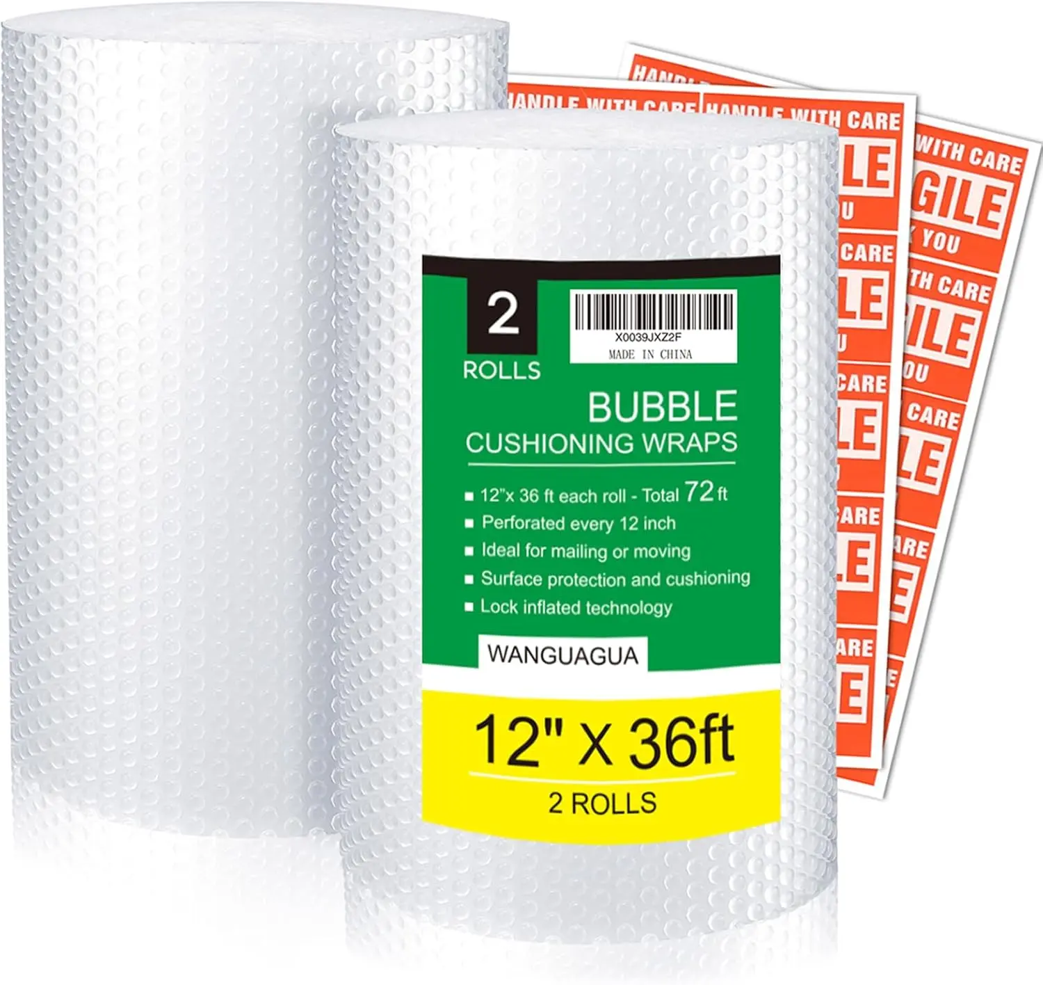 Wanguagua Heavy-Duty Bubble Packing Wrap, 2-Pack 12-Inch x 72-Ft Total Length, Perforated Every 12 Inches, Fully-Inflated Cushioning Supplies for Moving, Shipping (Computers & Office Postal Use)
