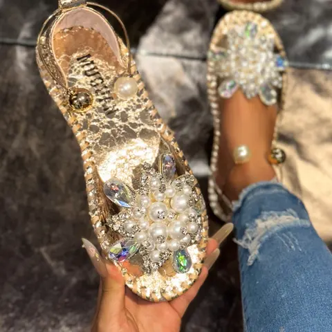 Summer Fashion Pearl Rhinestone Simple Slide Sandals, Comfortable Beach Shoes for Vacation Wear, Stylish Open Toe Design, Glitter Decorated Sandals, Casual Trendy Sandals, Trending Sandals