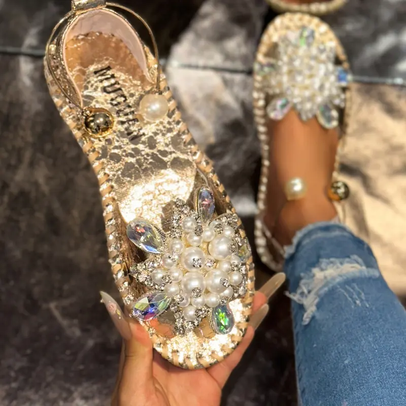 Summer Fashion Pearl Rhinestone Simple Slide Sandals, Comfortable Beach Shoes for Vacation Wear, Stylish Open Toe Design, Glitter Decorated Sandals, Casual Trendy Sandals, Trending Sandals
