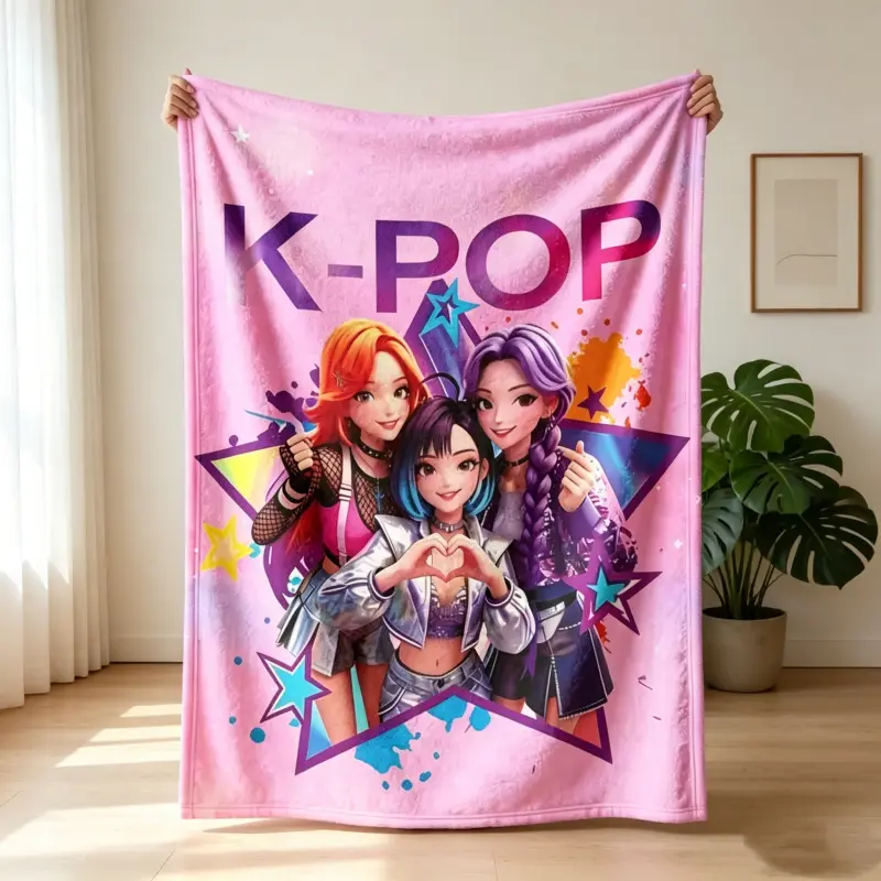 K-Pop Girl Group Cartoon Illustration Flannel Throw Blanket, Soft Lightweight All Season Cozy Blanket, Large Warm Decor Throw for Bedroom Sofa Office Camping Travel, Gift for Kpop Fans Girls