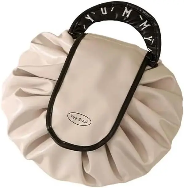 Large Capacity Drawstring Makeup Bag Magnetic Quick Open Wide Opening Travel Cosmetic Organizer Portable Foldable Toiletry Bag For Women Skincare Lipstick Brushes Storage